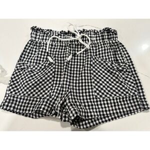 Banjara Women's Black White Gingham Linen Blend Drawstring‎ Paper Bag Shorts S